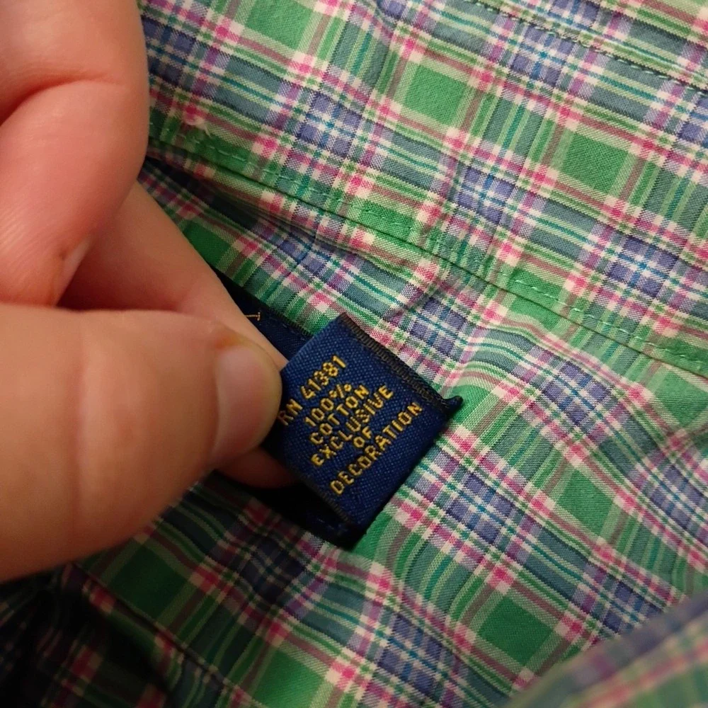 Polo Ralph Lauren Shirt Men Medium Green Pink Plaid Button Down Long Sleeve Pony